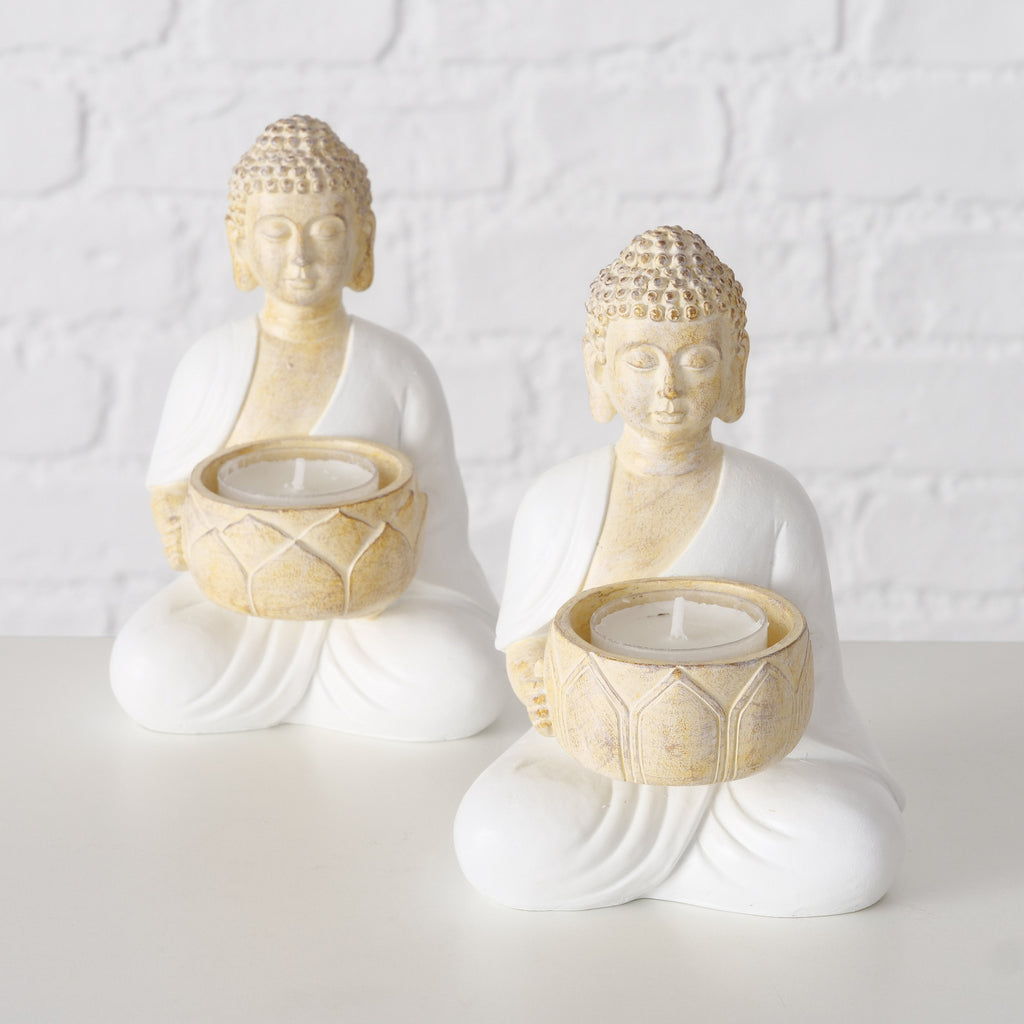 Buddha Teelichthalter Jamory – Handbemalte Deko in Beige & Weiß